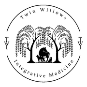 Logo: Twin Willows Integrative Medicine. Circle with twin willow trees framing a horse and two small animals.