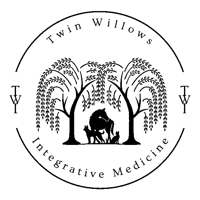 Logo: Twin Willows Integrative Medicine. Circle with twin willow trees framing a horse and two small animals.