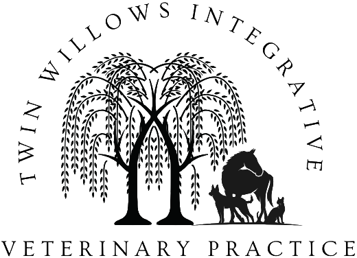 Twin Willows Integrative Veterinary Practice logo: tree with hanging branches, horse, and three animals.