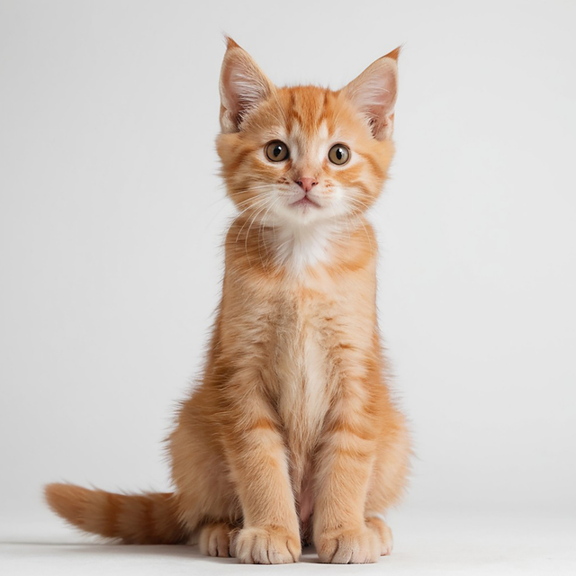 Orange tabby kitten sitting upright on a white background, looking at the camera.