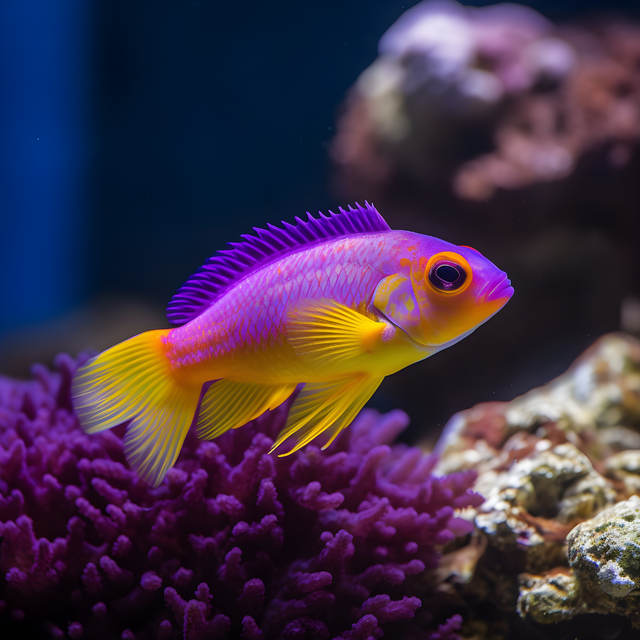 Bright purple-and-yellow fish swimming above purple coral in an aquarium