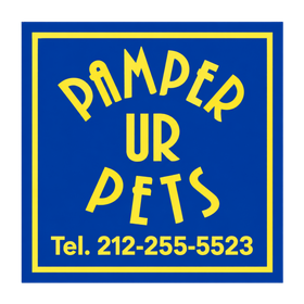 Blue and yellow sign reading &ldquo;Pamper Ur Pets&rdquo; with phone number 212-255-5523.