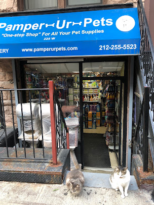 A grocery aisle stocked with colorful bags of pet food on shelves.