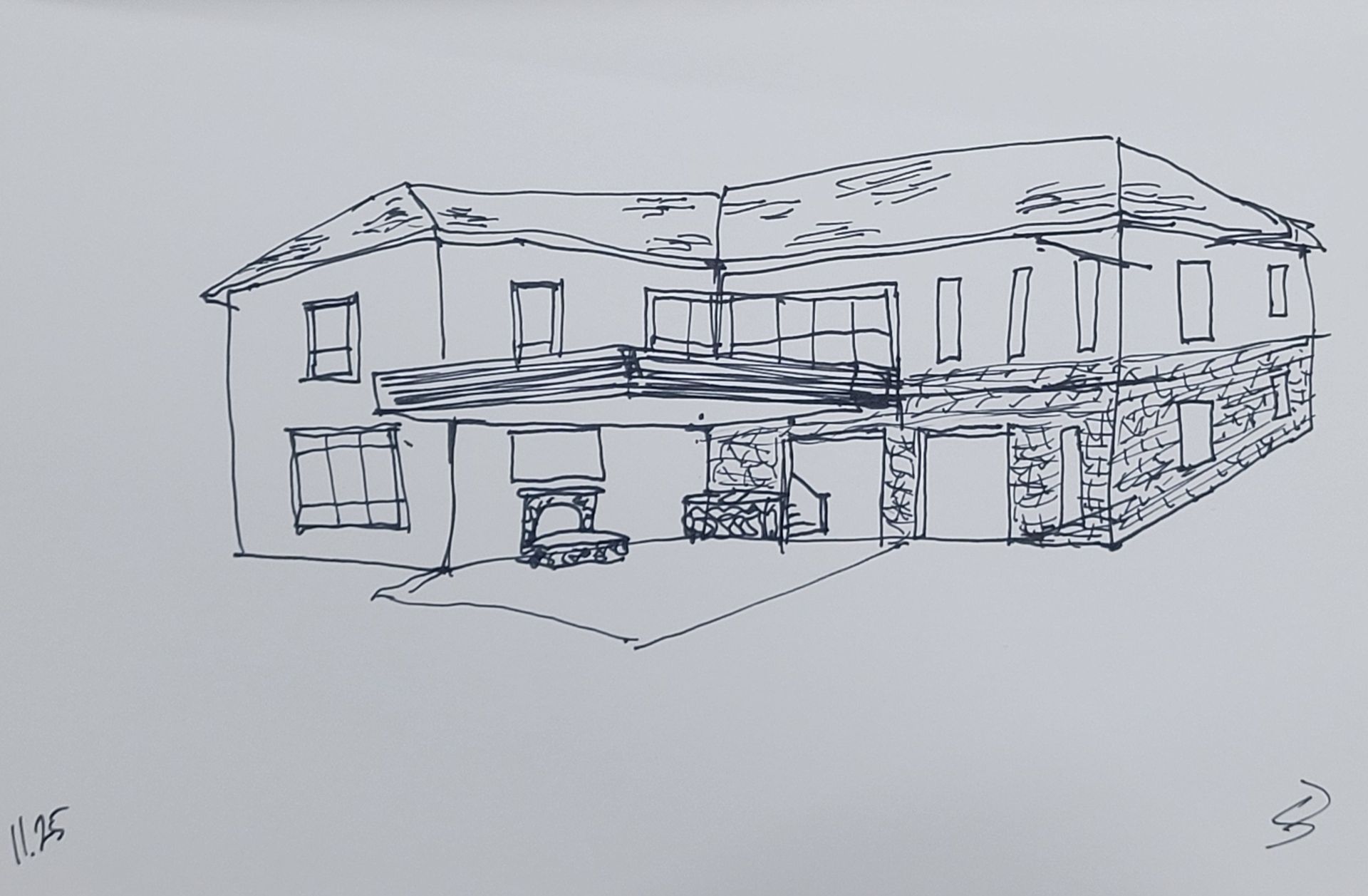 Sketch of a two-story house with a balcony and stone foundation, drawn with black ink.