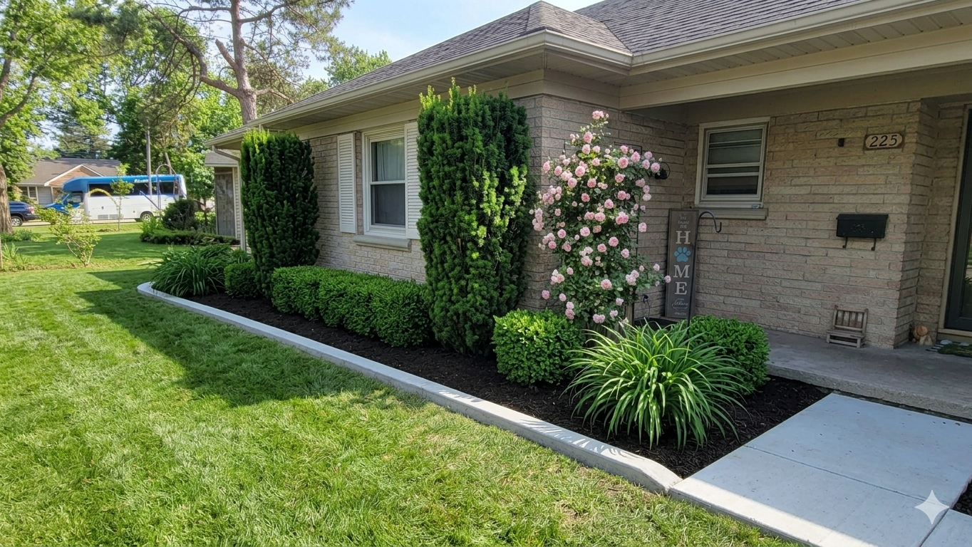 Single-story brick house with manicured shrubs, blooming flowers, and a green lawn in the front yard