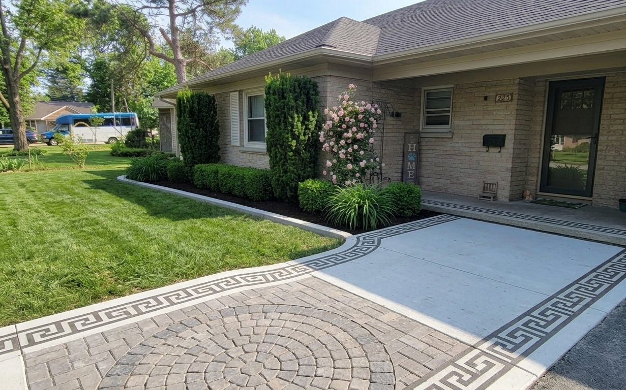 Brick house with manicured lawn, curved paver driveway, and covered front porch.