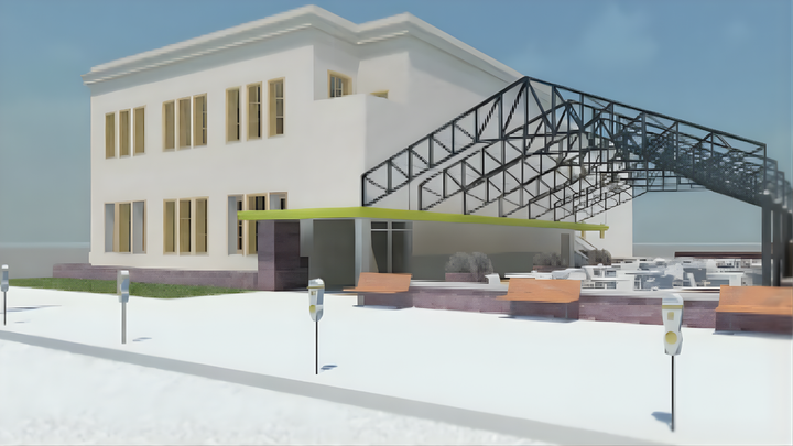 Building with outdoor seating under a metal canopy. Street with parking meters in front.