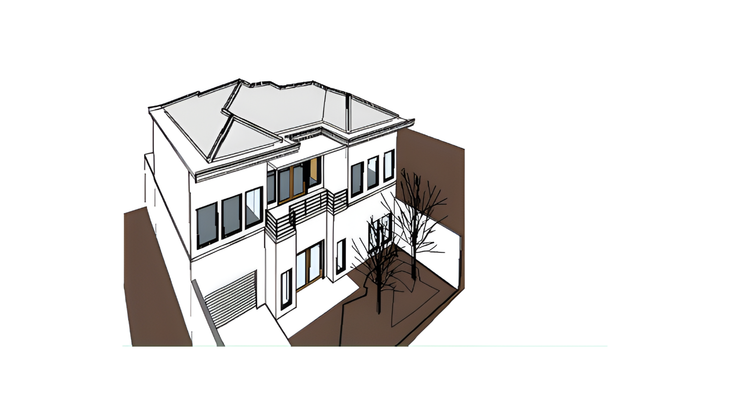 Architectural sketch of a two-story house with a flat roof, balcony, and garage.