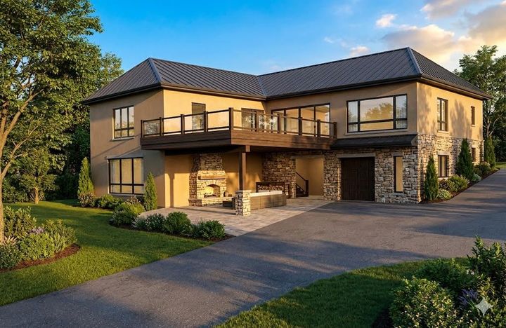 Two-story home with stone and stucco facade, deck, driveway, and landscaping.