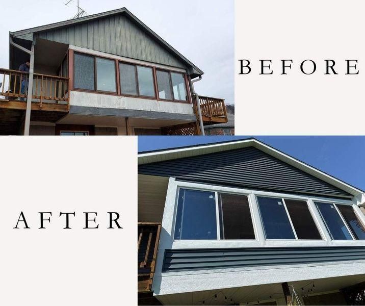 Before and after photo of a house exterior showing new dark siding and updated window frames.
