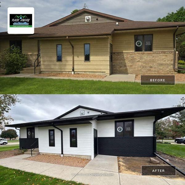 Before and after view of a building exterior, showcasing a renovation from beige siding to a white and black color scheme.