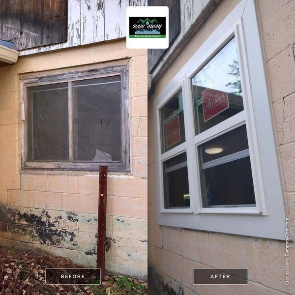 A before and after comparison of a home exterior wall, showing an old, weathered window replaced with a new white unit.