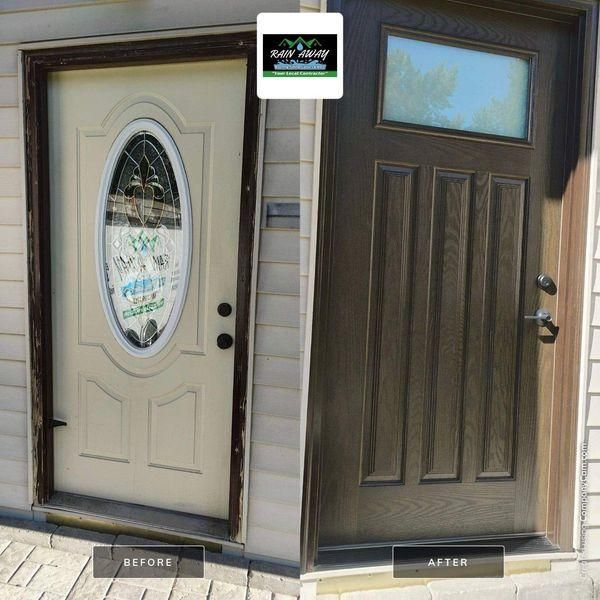 A before-and-after comparison showing a beige oval-glass door replaced by a modern, dark brown door with a rectangular top.