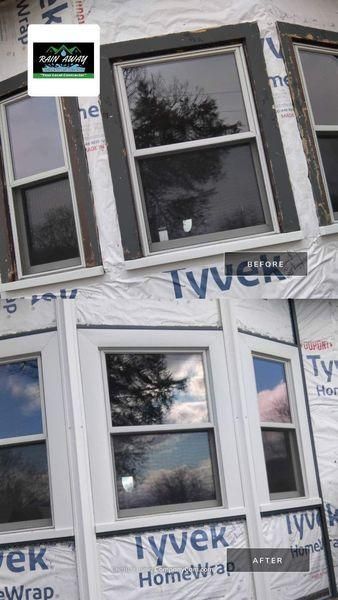 A split-screen comparison showing windows with dark trim before and white-trimmed, renovated windows after installation.