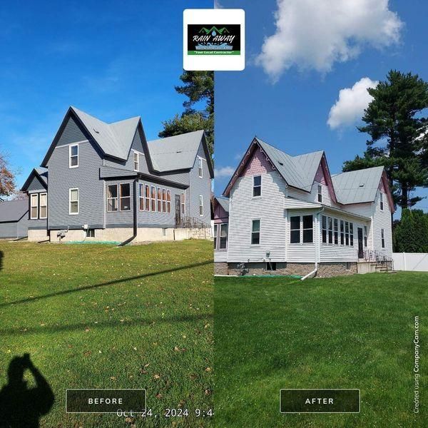 Split image comparing a dark gray house before renovation to a white house with pink accents after painting.