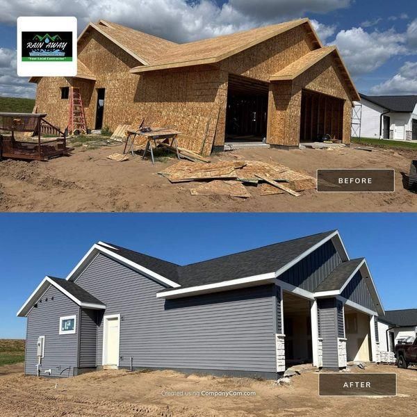 Before and after comparison of a house under construction versus the completed build with grey siding and dark shingles.