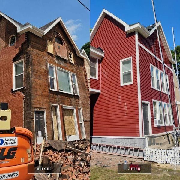 A side-by-side comparison of a building under construction showing a damaged brick exterior before and new red siding after.