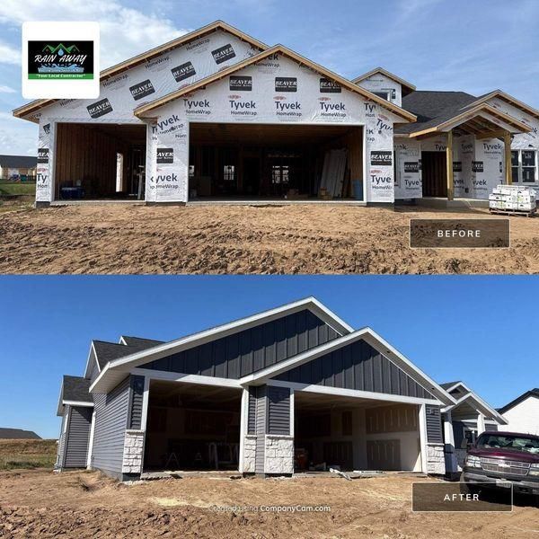 Before-and-after photo of a house exterior construction, showing unfinished framing followed by finished siding and stone.