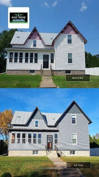 A before-and-after shot of a residential home renovation, showing updated gray vinyl siding and dark trim.