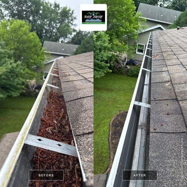 Split-screen view of a residential roof gutter: one side is filled with debris, the other is clean after professional care.