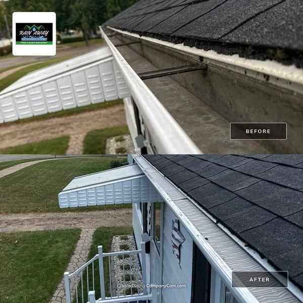 Before-and-after view of a house gutter being cleaned and covered with a white guard.