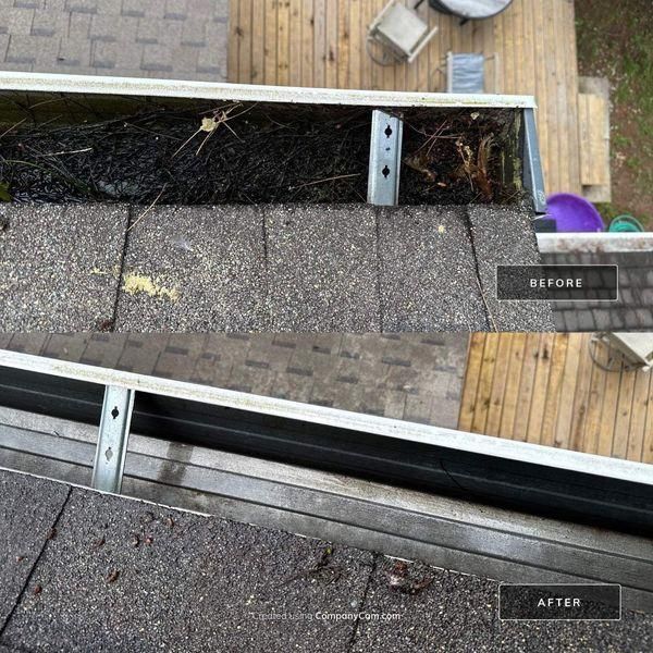 A comparison photo shows a roof gutter filled with debris labeled