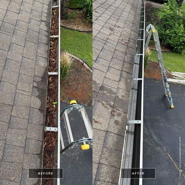 A side-by-side comparison of a gutter filled with leaves and debris on the left, and a clean, empty gutter on the right.