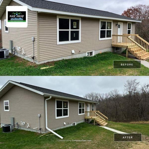 A split-image comparison of a tan house exterior, showing the addition of white gutters and a downspout.