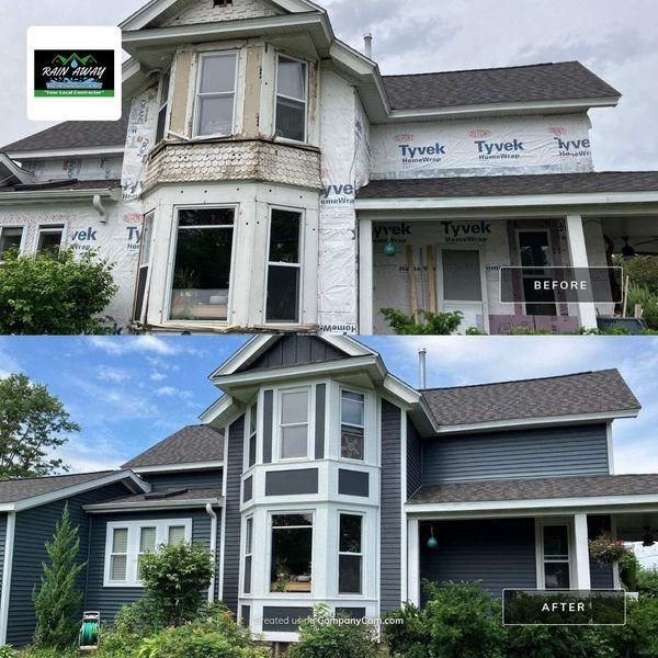 A split-screen comparison of a house exterior undergoing a siding renovation, transitioning from Tyvek wrap to blue siding.