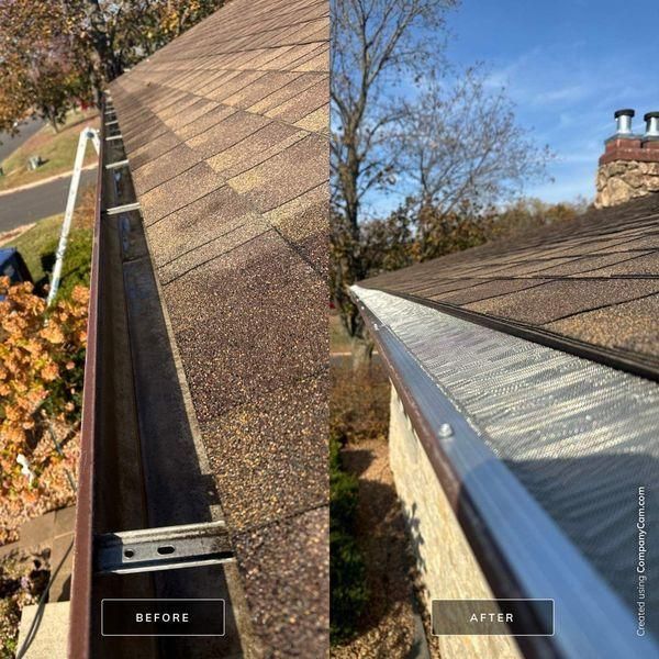A split-screen view showing a gutter before and after the installation of a protective mesh screen.