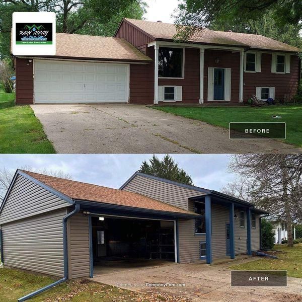 Before-and-after photos of a suburban house renovation, showing new siding, trim, and an open garage.