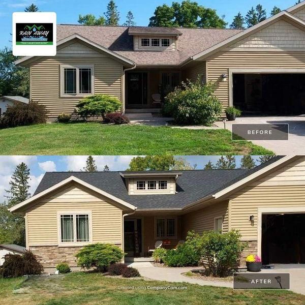 A house before and after a roof replacement, featuring new dark shingles and stone siding accents on the lower exterior.