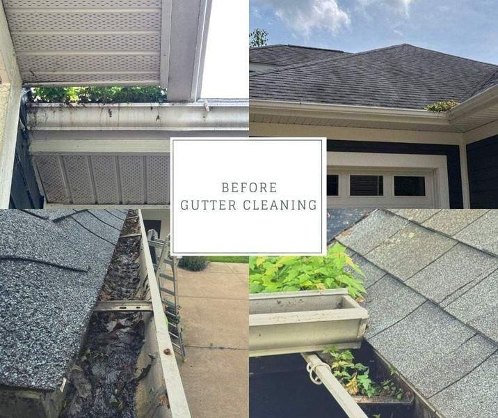 A four-part collage showing gutters filled with leaves and plants before they are cleaned.