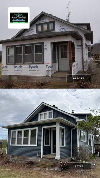 Before and after comparison of a house renovation featuring new dark blue siding and updated window and porch trim.
