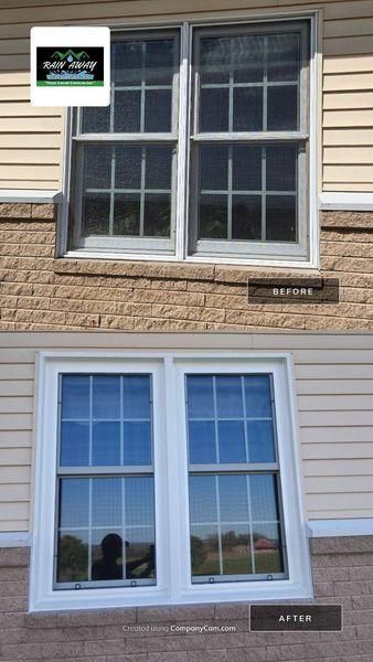Before and after photos of a residential exterior showing a window replacement with new white trim frames.