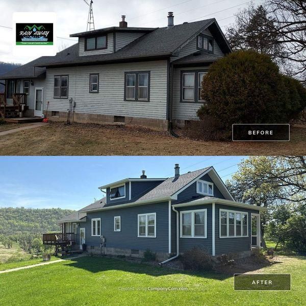 Before-and-after photos of a house renovation, showing new dark blue siding, white trim, and updated windows.