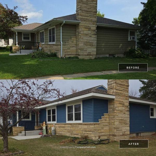 Before and after photos of a house renovation, showing a tan exterior updated with dark blue siding.