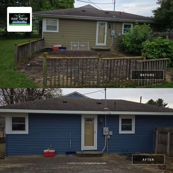 A split-screen comparison showing the back of a house with tan siding and a wood deck before, and blue siding after.