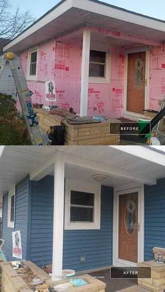 Before and after photos of a house exterior showing pink insulation.