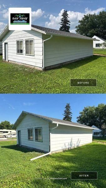 Before and after photos of a small white building, showing updated siding and trim with a new gutter downspout.