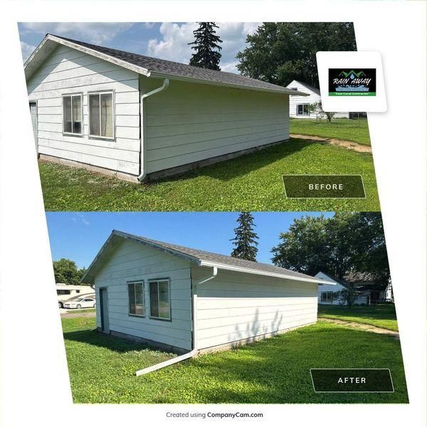 A before and after comparison of a white detached garage exterior after gutter and downspout installation.