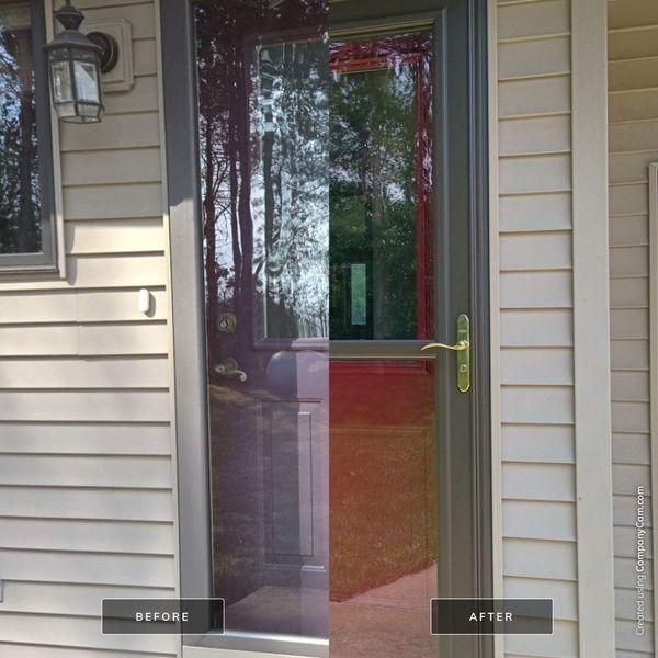 A split-screen comparison of a residential door: the left side shows a plain door, and the right side features a storm door.