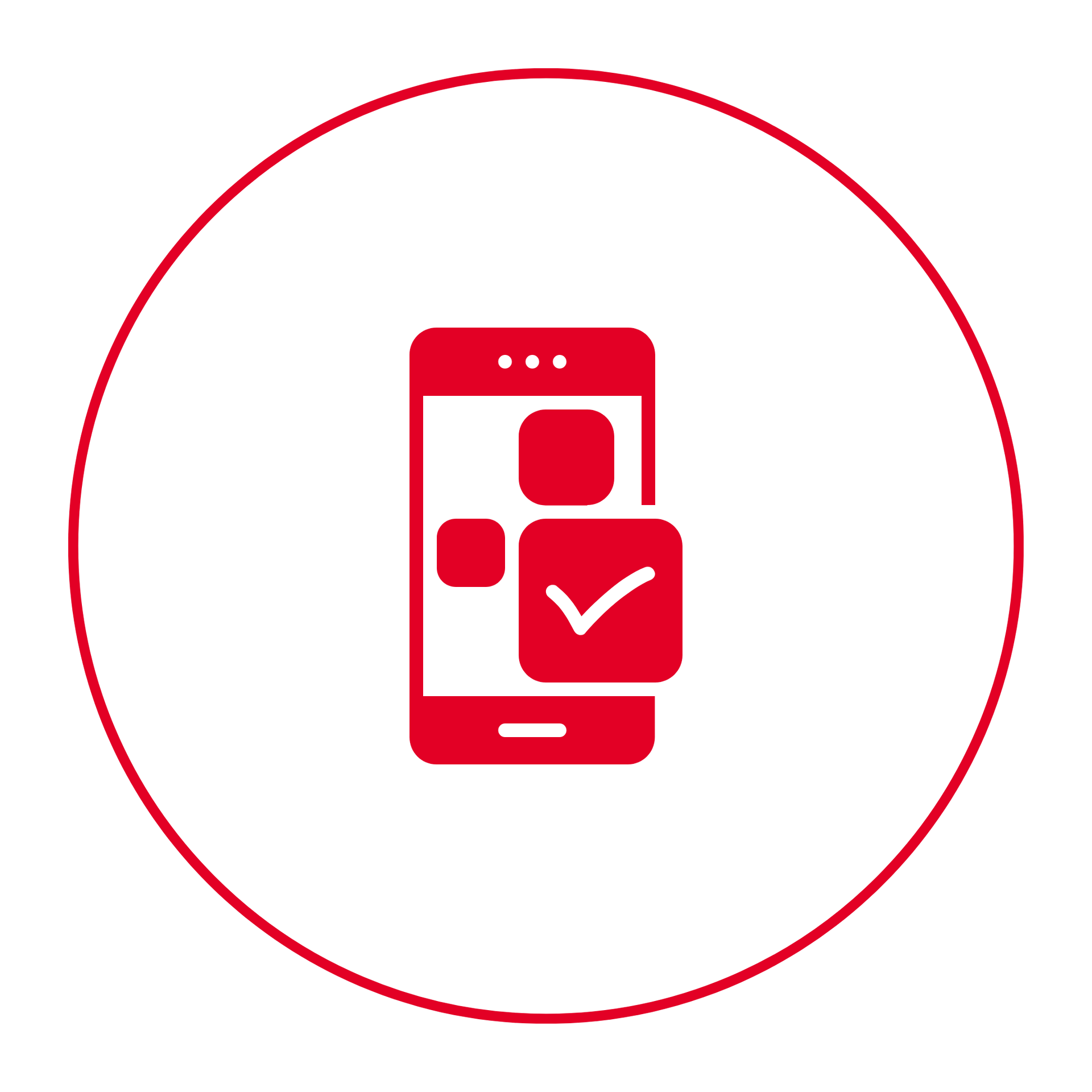 Ícone de smartphone vermelho com uma marca de seleção dentro de um círculo vermelho sobre um fundo branco.