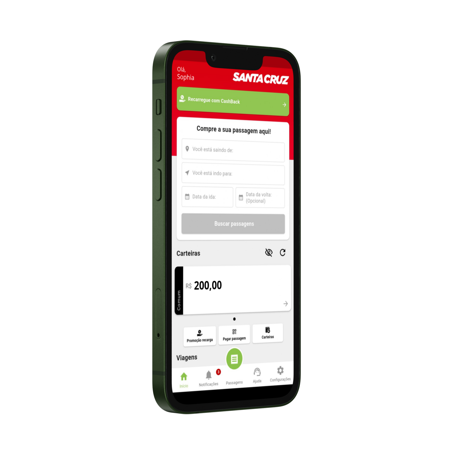 Smartphone exibindo o aplicativo Santa Cruz com cabeçalho vermelho e painel de login verde.