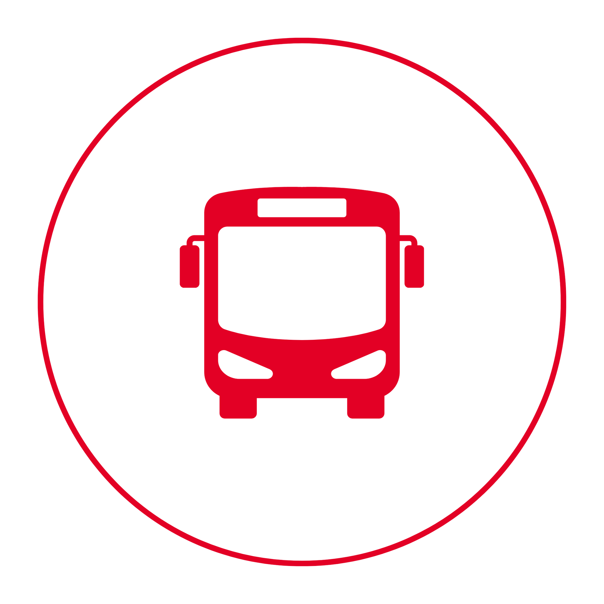 Ícone de ônibus vermelho dentro de um círculo vermelho fino sobre um fundo branco.