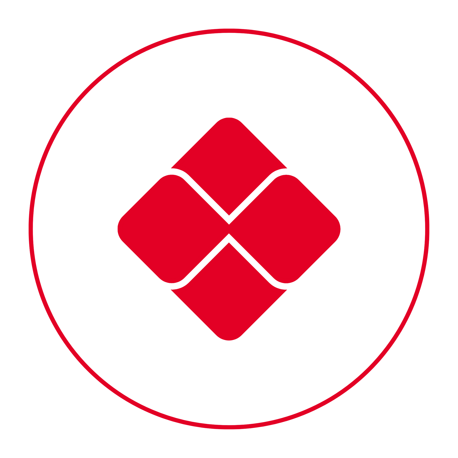 Logotipo geométrico em forma de diamante vermelho dentro de um círculo vermelho fino sobre um fundo branco.