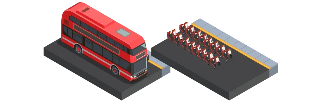 Ilustração isométrica de um ônibus vermelho estacionado na beira da estrada ao lado de uma multidão de pessoas.