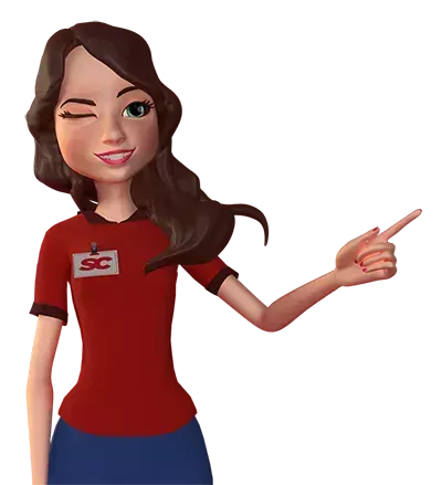 Uma garota de desenho animado está apontando para algo com o dedo.