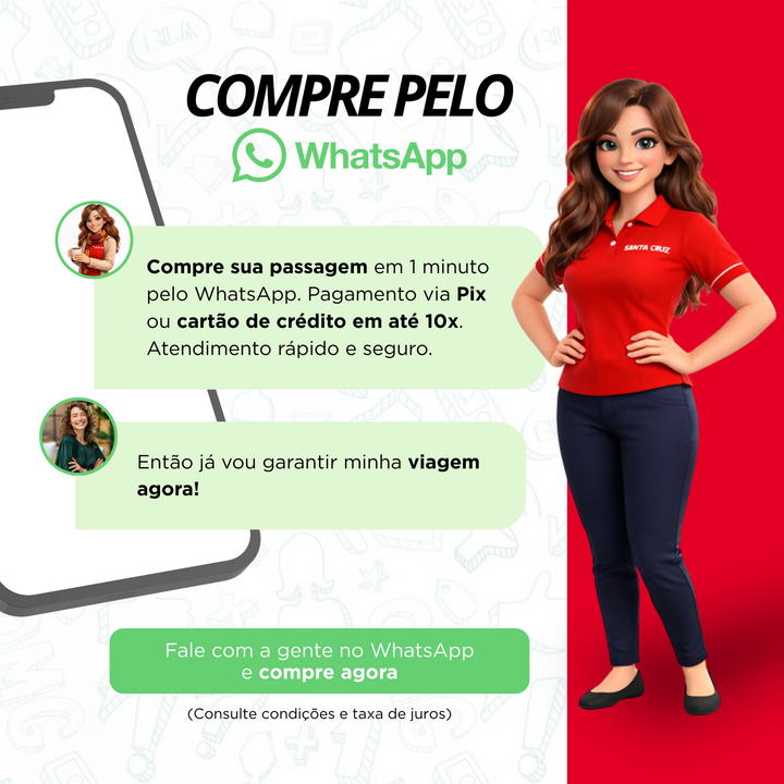 Anúncio do WhatsApp para compra de passagem, com atendente virtual, fundo branco e personagem em vermelho.