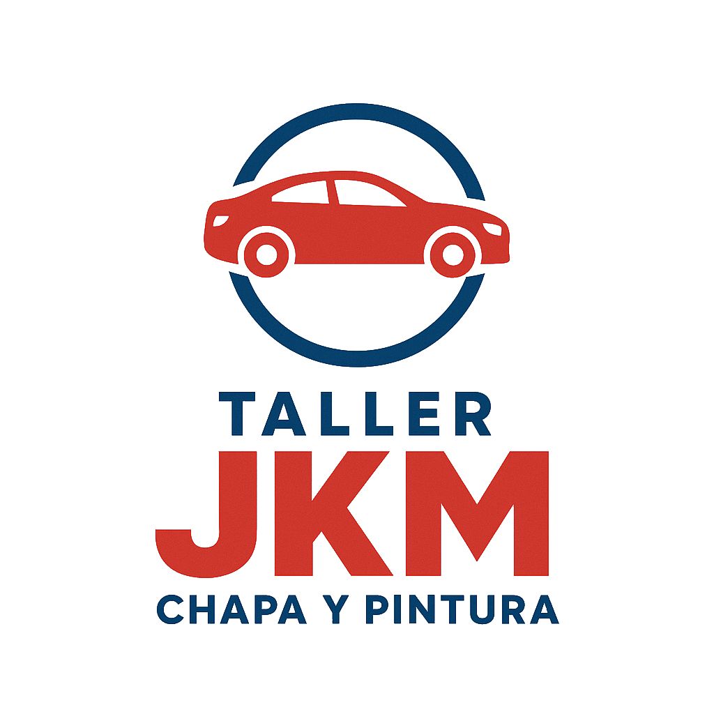 Logotipo del Taller JKM. Auto rojo dentro de un círculo azul, con las letras 